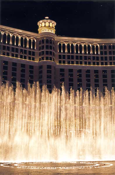 Bellagio's fountains, at night.